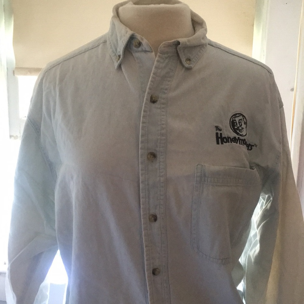 High Advantage “Honeymooners” denim button-down shirt, size medium.